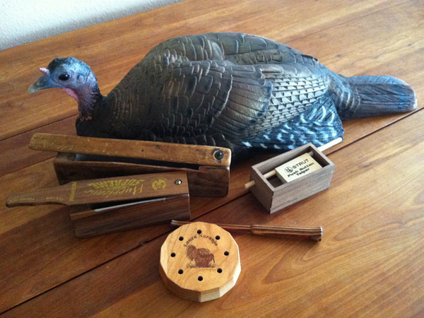 Photograph of DSD Breeding hen decoy and several turkey calls